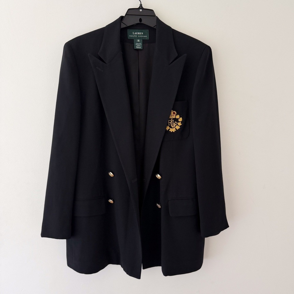 Lauren Ralph Lauren Navy Blue Tailored Blazer Crest Wool Size 10 Double Breasted - Picture 3 of 16